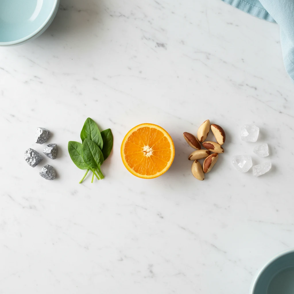 Naturliga ingredienser - zink mineral, gröna blad, paranöt, magnesiumkristaller och vitamin C apelsin på vit marmor