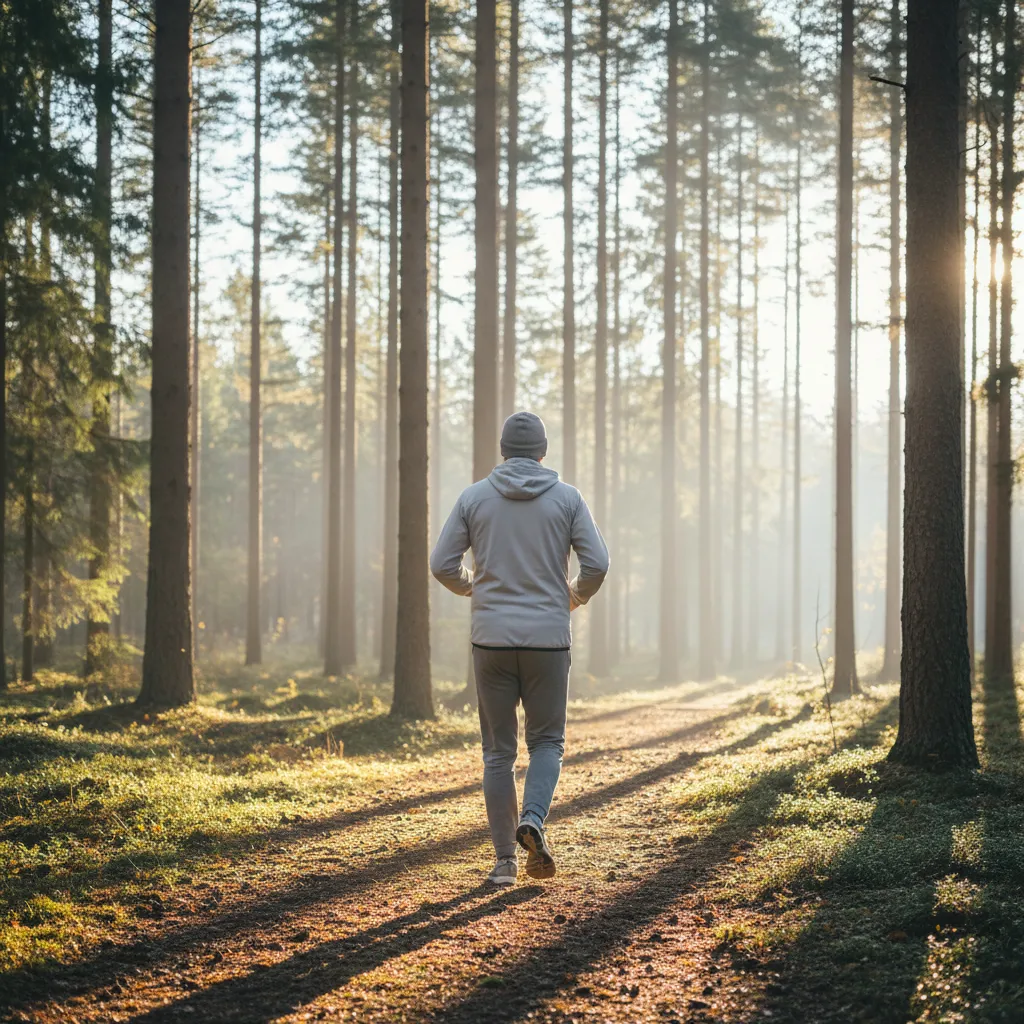 Aktiv man som joggar i skandinavisk skog på morgonen - aktiv livsstil